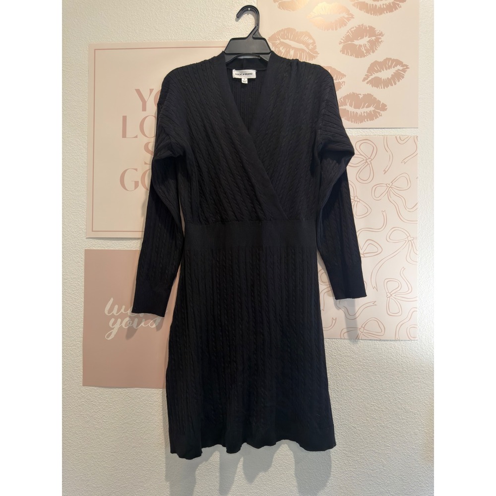 Lucky Brand Black Cable Knit Wrap V-Neck Long Sleeve Sweater Dress L
